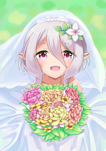 Anime picture 595x842 with princess connect! re:dive princess connect! kokkoro (princess connect!) syurimp single tall image looking at viewer blush fringe short hair open mouth simple background smile hair between eyes standing purple eyes payot silver hair outdoors :d