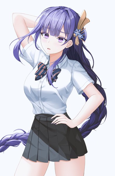 Anime picture 1261x1923 with genshin impact raiden shogun nersiyan single tall image looking at viewer fringe breasts open mouth simple background standing white background purple eyes payot purple hair blunt bangs braid (braids) very long hair head tilt pleated skirt