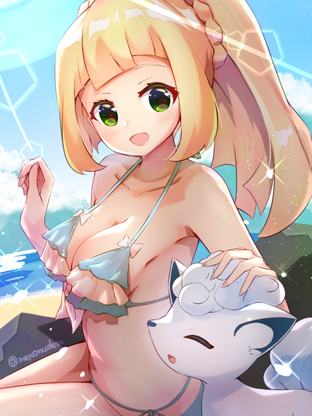 Anime picture 900x1200 with pokemon pokemon sm nintendo lillie (pokemon) alolan vulpix meyamu single long hair tall image looking at viewer fringe breasts open mouth light erotic blonde hair smile large breasts green eyes signed outdoors