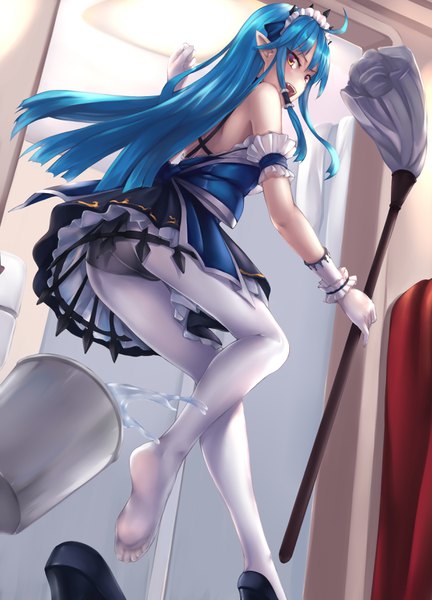 Anime picture 2480x3444 with original lanse dai mao single long hair tall image looking at viewer blush fringe highres open mouth light erotic hair between eyes red eyes payot blue hair ahoge indoors :d looking back pointy ears