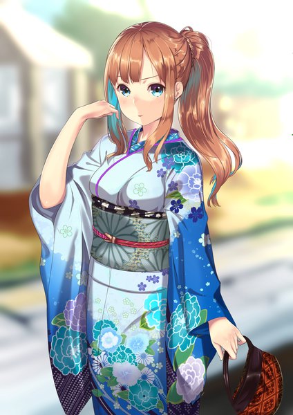 Anime picture 1447x2046 with original kagematsuri single long hair tall image looking at viewer fringe blue eyes brown hair payot traditional clothes japanese clothes side ponytail adjusting hair kikumon girl flower (flowers) kimono obi bag