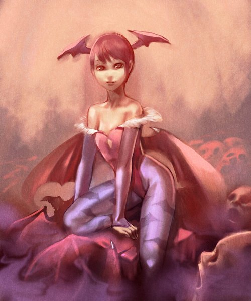 Anime picture 1250x1500 with vampire / darkstalkers (game) lilith aensland bow (bhp) single tall image short hair red eyes bare shoulders pink hair flat chest demon girl bat wings head wings girl