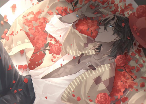 Anime picture 1224x874 with food fantasy chocolate (food fantasy) chio (akiciou) single looking at viewer fringe blue eyes smile hair between eyes brown hair lying profile on back open shirt dark skin muscle checkered floor floor hat removed headwear removed