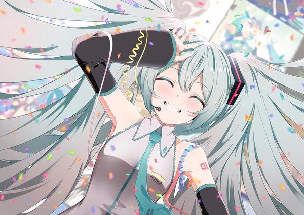 Anime picture 3541x2508 with vocaloid hatsune miku rio beginner single long hair fringe highres smile hair between eyes absurdres upper body eyes closed aqua hair grin ^ ^ girl detached sleeves necktie confetti