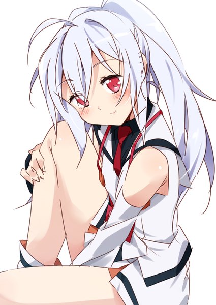 Anime picture 2149x3035 with plastic memories isla (plastic memories) mousou (mousou temporary) single long hair tall image looking at viewer blush fringe highres simple background smile red eyes white background sitting bare shoulders purple hair ahoge ponytail girl