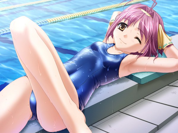 Anime picture 1600x1200 with short hair light erotic yellow eyes pink hair one eye closed wink armpit (armpits) legs swimsuit one-piece swimsuit school swimsuit