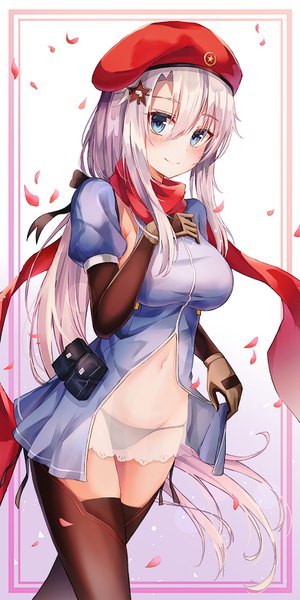 Anime picture 800x1600 with girls frontline 9a-91 (girls frontline) lkeris single long hair tall image looking at viewer blush fringe breasts blue eyes light erotic simple background smile hair between eyes large breasts white background silver hair short sleeves gradient background