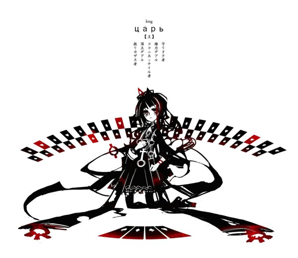 Anime picture 1440x1247 with kiku (kicdoc) single black hair white background signed kneeling monochrome girl crown card (cards)