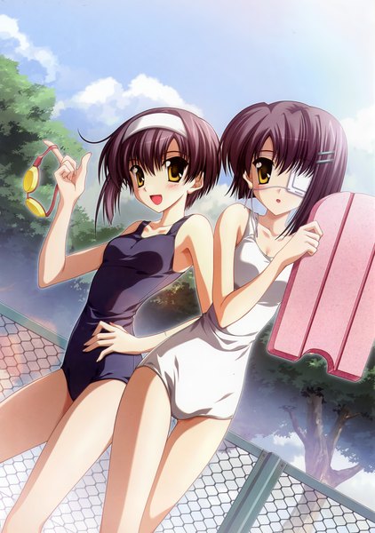 Anime picture 2439x3470 with ef ef a fairy tale of the two shaft (studio) shindou kei shindou chihiro nanao naru tall image highres short hair light erotic black hair multiple girls yellow eyes girl hair ornament 2 girls swimsuit hairclip one-piece swimsuit eyepatch