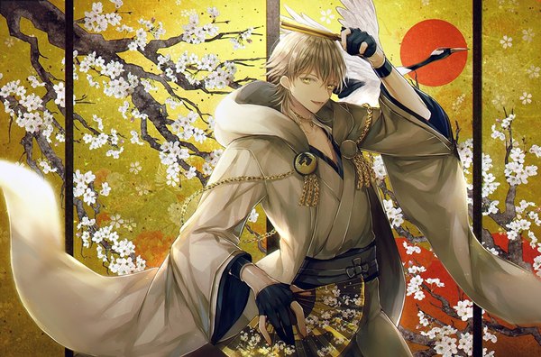 Anime picture 1000x660 with touken ranbu nitroplus tsurumaru kuninaga abandon ranka single long hair looking at viewer fringe hair between eyes yellow eyes silver hair traditional clothes japanese clothes arm up boy gloves animal bird (birds) branch fan