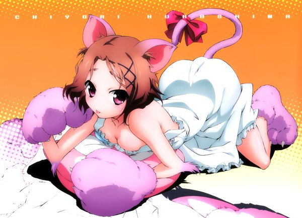Anime picture 2900x2100 with accel world sunrise (studio) kurashima chiyuri single looking at viewer blush highres short hair breasts light erotic brown hair purple eyes animal ears tail animal tail cat ears cat girl cat tail character names girl