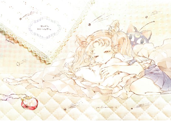 Anime picture 1432x1021 with bishoujo senshi sailor moon toei animation chibiusa luna p yuugure akane long hair blonde hair twintails lying eyes closed hair bun (hair buns) reclining sleeping shooting star girl pillow pendant child (children) brooch