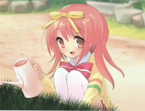 Anime picture 4169x3193 with nanatsuiro drops akihime sumomo itou noiji single long hair looking at viewer blush fringe highres open mouth smile holding payot pink hair outdoors long sleeves :d pink eyes scan depth of field