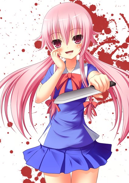 Anime picture 2480x3507 with mirai nikki gasai yuno nyarumi single long hair tall image blush highres open mouth smile twintails pink hair pleated skirt pink eyes yandere girl uniform bow hair bow school uniform