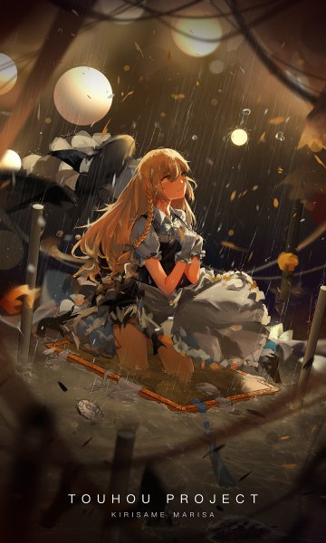 Anime picture 1440x2400 with touhou kirisame marisa yuuki mix single long hair tall image fringe blonde hair hair between eyes yellow eyes copyright name character names partially submerged looking up rain hat removed headwear removed girl gloves white gloves