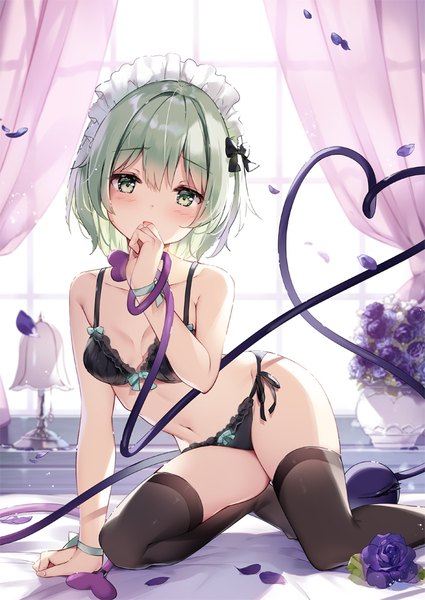 Anime picture 666x941 with touhou komeiji koishi miyase mahiro single tall image looking at viewer short hair light erotic green eyes green hair arm support underwear only hand to mouth heart of string girl thighhighs underwear panties flower (flowers) black thighhighs
