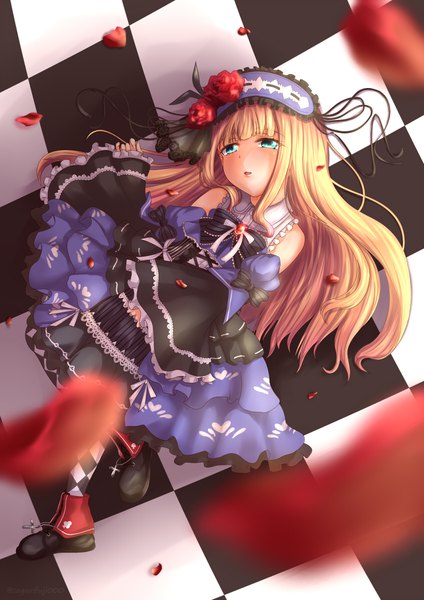 Anime picture 1272x1800 with virtual youtuber nijisanji mononobe alice sagarifuji000 single long hair tall image blush fringe open mouth blonde hair looking away lying blunt bangs aqua eyes fingernails from above blurry wide sleeves checkered floor