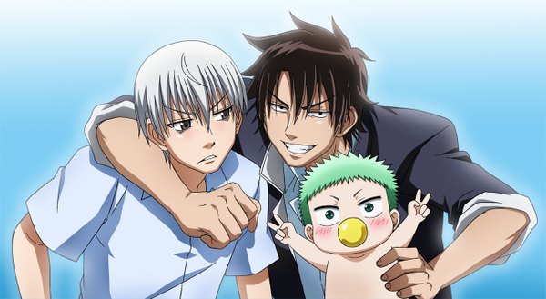 Anime picture 1300x714 with beelzebub studio pierrot oga tatsumi beelzebub iv furuichi takayuki gakuran9517 (artist) blush short hair black hair wide image white hair green hair hug grin victory boy shirt choker child (children)