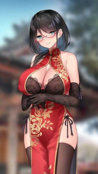 Anime picture 1057x1877 with original oshishio single long hair tall image looking at viewer blush fringe breasts blue eyes light erotic black hair smile standing cleavage outdoors traditional clothes head tilt blurry depth of field