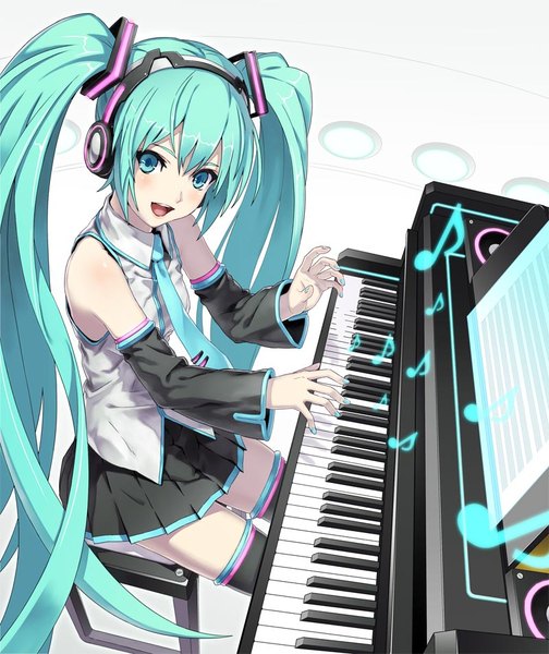 Anime picture 800x952 with vocaloid hatsune miku fukukitaru single tall image blush fringe open mouth hair between eyes sitting twintails very long hair nail polish aqua eyes from above aqua hair zettai ryouiki playing instrument aqua nail polish girl