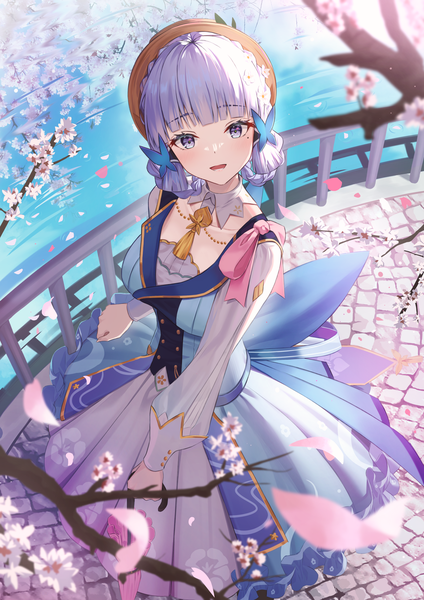 Anime picture 2026x2865 with genshin impact kamisato ayaka kamisato ayaka (springbloom missive) hyonee single tall image looking at viewer blush fringe highres short hair breasts open mouth blue eyes smile standing silver hair outdoors blunt bangs long sleeves