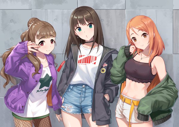 Anime picture 800x566 with idolmaster idolmaster cinderella girls shibuya rin houjou karen kamiya nao tamakaga long hair looking at viewer blush fringe breasts smile red eyes brown hair standing multiple girls brown eyes green eyes payot cleavage