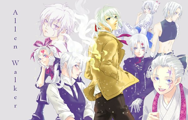 Anime picture 1000x640 with d.gray-man allen walker hanapon3 long hair looking at viewer blush short hair blue eyes looking away silver hair white hair ponytail japanese clothes profile light smile grey background midriff grey eyes alternate costume looking up