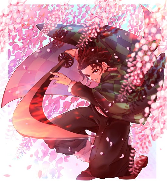 Anime picture 1878x2048 with kimetsu no yaiba ufotable kamado tanjirou tmtm24787088 single tall image looking at viewer highres short hair red eyes brown hair full body traditional clothes japanese clothes border scar fighting stance clenched teeth checkered boy