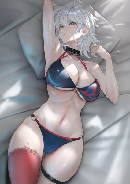 Anime picture 1275x1800 with fate (series) fate/grand order jeanne d'arc (fate) (all) jeanne d'arc alter (fate) jeanne d'arc alter (swimsuit berserker) (fate) imizu (nitro unknown) single tall image looking at viewer blush fringe short hair breasts light erotic hair between eyes large breasts yellow eyes payot cleavage silver hair