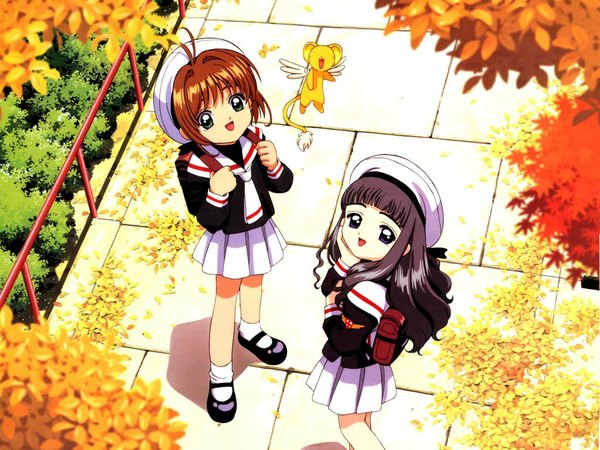 Anime picture 1024x768 with card captor sakura clamp kinomoto sakura daidouji tomoyo kero (cardcaptor sakura) long hair looking at viewer short hair open mouth brown hair purple eyes multiple girls green eyes purple hair :d pleated skirt from above shadow loli autumn