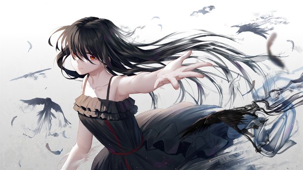 Anime picture 1920x1080 with original ji dao ji single long hair looking at viewer fringe highres black hair simple background red eyes wide image standing wind blurry hair over one eye wallpaper sleeveless outstretched hand girl dress