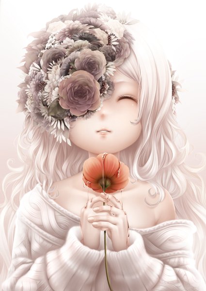 Anime picture 2123x3000 with original bouno satoshi single long hair tall image looking at viewer highres simple background white background white hair eyes closed girl flower (flowers)