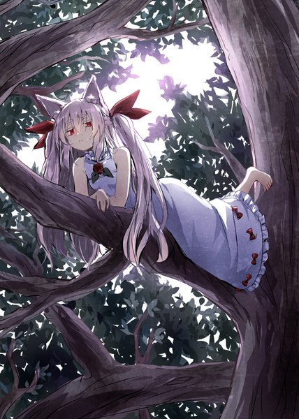 Anime-Bild 700x980 mit original ramuya (lamb) single tall image looking at viewer fringe hair between eyes red eyes twintails bare shoulders animal ears payot purple hair lying barefoot sunlight from below shadow sleeveless on stomach