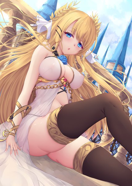 Anime picture 900x1260 with azur lane victorious (azur lane) shiro usagi single long hair tall image looking at viewer blush breasts open mouth blue eyes light erotic blonde hair large breasts sitting bare shoulders wind girl thighhighs hair ornament