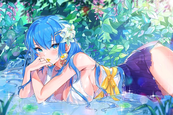 Anime picture 1500x1000 with original alraco single long hair looking at viewer blush fringe breasts blue eyes light erotic hair between eyes large breasts signed blue hair cleavage outdoors lying nail polish parted lips pleated skirt