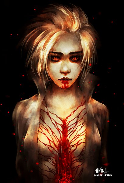 Anime picture 800x1175 with original nanfe single tall image looking at viewer breasts light erotic simple background blonde hair signed lips inscription open clothes no bra black background bleeding girl blood