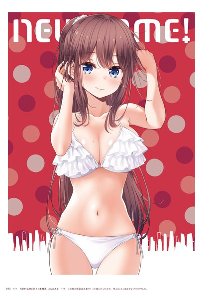 Anime picture 1357x1920 with new game! doga kobo takimoto hifumi tokunou shoutarou single long hair tall image looking at viewer blush breasts blue eyes light erotic brown hair large breasts standing ponytail profile mole copyright name adjusting hair