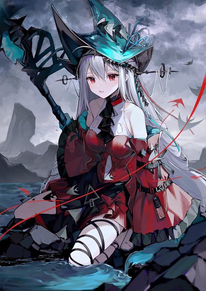 Anime picture 1273x1800 with arknights skadi (arknights) skadi the corrupting heart (arknights) heridy single tall image looking at viewer fringe hair between eyes red eyes sky silver hair outdoors very long hair official alternate costume girl hat detached sleeves water