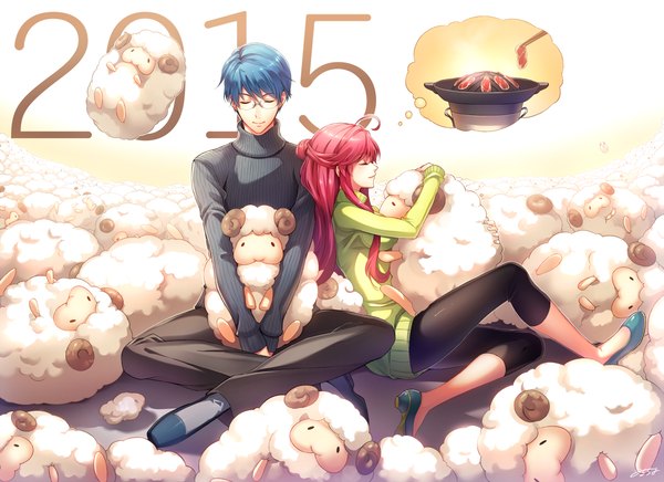 Anime picture 1082x788 with original milcho long hair short hair sitting blue hair red hair eyes closed couple indian style girl boy glasses sweater toy stuffed animal leggings
