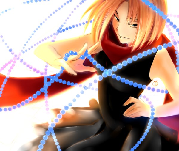 Anime picture 1312x1112 with shaman king xebec kyouyama anna asakura-yoh-z0 single blonde hair simple background smile white background black eyes girl dress scarf black dress beads