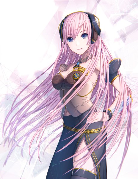 Anime picture 928x1200 with vocaloid megurine luka megurine luka (vocaloid4) ixima single long hair tall image looking at viewer blue eyes pink hair girl thighhighs dress black thighhighs headphones