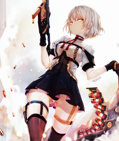 Anime picture 1140x1350 with girls frontline vector (girls frontline) nekoya (liu) single tall image fringe breasts light erotic hair between eyes standing holding signed yellow eyes looking away silver hair from below short sleeves pantyshot ass visible through thighs girl