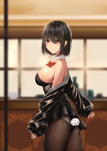 Anime picture 2480x3507 with original huyou xia single tall image looking at viewer blush fringe highres short hair breasts light erotic black hair hair between eyes large breasts standing bare shoulders brown eyes tail parted lips animal tail