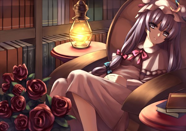 Anime picture 1000x706 with touhou patchouli knowledge takemori shintarou single long hair looking at viewer sitting purple hair silver eyes girl dress flower (flowers) book (books) bonnet lamp