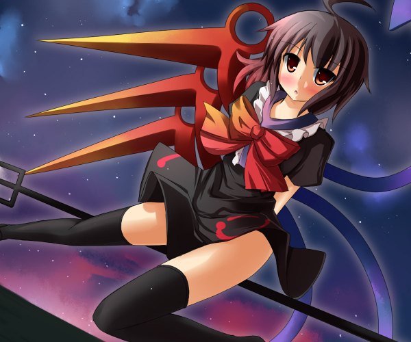 Anime picture 1200x1000 with touhou houjuu nue blush short hair brown hair brown eyes sky ahoge girl thighhighs bow