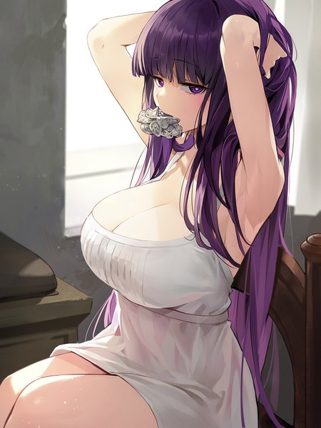 Anime picture 1313x1750 with sousou no frieren fern (sousou no frieren) goomrrat single long hair tall image looking at viewer fringe breasts light erotic large breasts sitting purple eyes holding cleavage purple hair indoors blunt bangs arms up armpit (armpits)