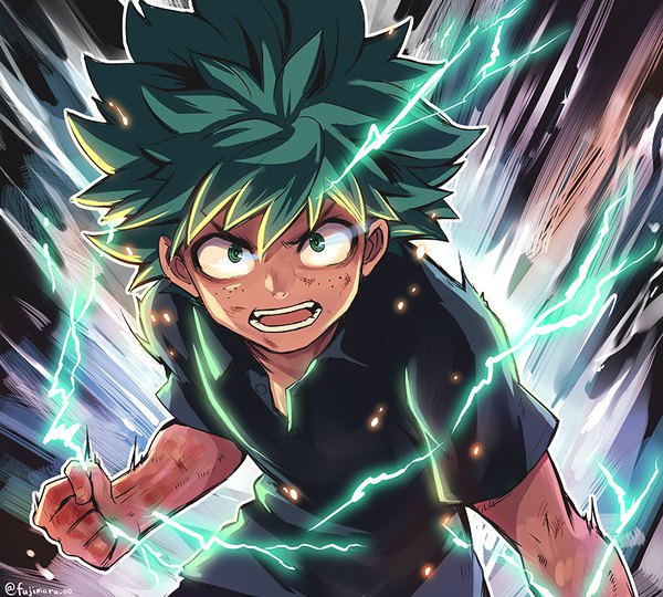 Anime-Bild 850x765 mit boku no hero academia studio bones midoriya izuku fujimaru (green sparrow) single looking at viewer short hair open mouth green eyes signed upper body green hair twitter username fighting stance angry spiked hair freckles lightning boy t-shirt