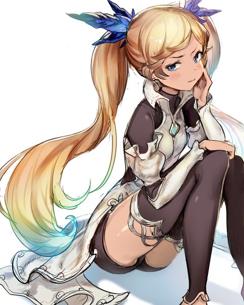 Anime picture 800x1000 with granblue fantasy io euclase sekisei single long hair tall image looking at viewer blush blue eyes simple background blonde hair white background sitting twintails blue hair bent knee (knees) multicolored hair shadow zettai ryouiki shiny skin