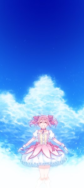 Anime picture 800x1786 with mahou shoujo madoka magica shaft (studio) kaname madoka takanashi ringo single tall image blush short hair twintails pink hair sky cloud (clouds) eyes closed wind puffy sleeves short twintails girl dress gloves bow