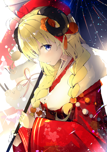 Anime picture 696x984 with virtual youtuber hololive tsunomaki watame tsunomaki watame (2nd costume) nekopote single long hair tall image looking at viewer blonde hair purple eyes upper body ahoge braid (braids) traditional clothes japanese clothes profile horn (horns) twin braids official alternate costume